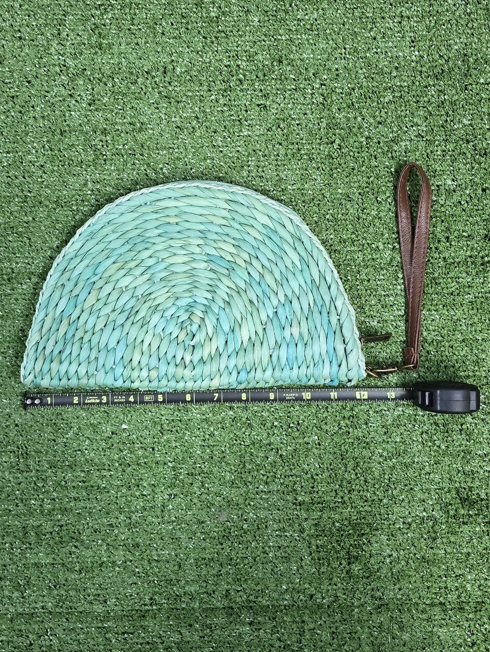 3am Forever Half Moon Blue Sea Glass Dyed Woven Straw Clutch w\ Leather Strap